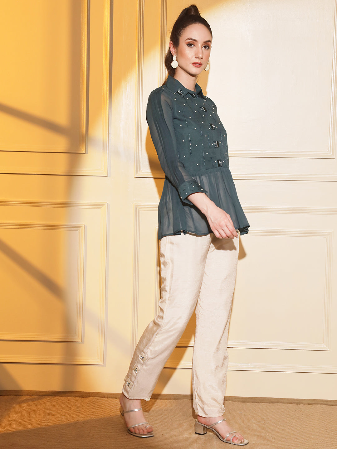 Indowestern Fusion:Embroidered Teal Green Peplum Shirt with Pants | Hues of India