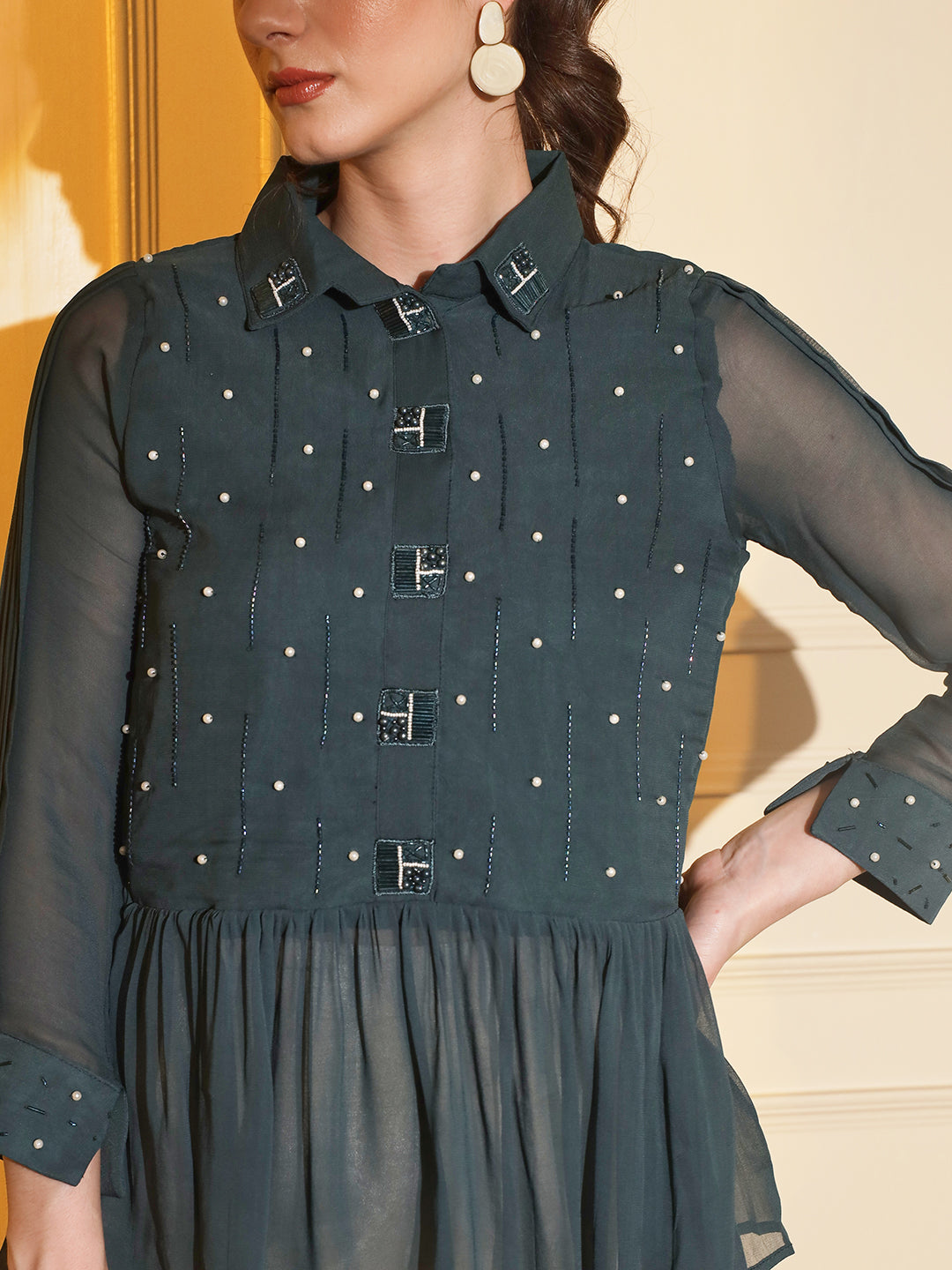 Indowestern Fusion:Embroidered Teal Green Peplum Shirt with Pants | Hues of India