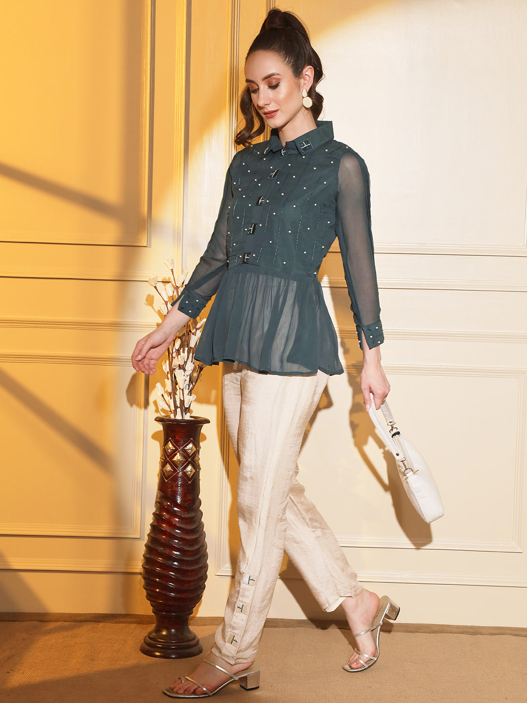 Indowestern Fusion:Embroidered Teal Green Peplum Shirt with Pants | Hues of India