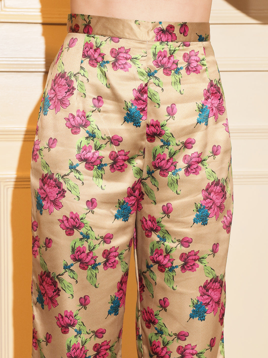 Glam Up Your Style: Gold Floral Satin Coord Set | Hues of India