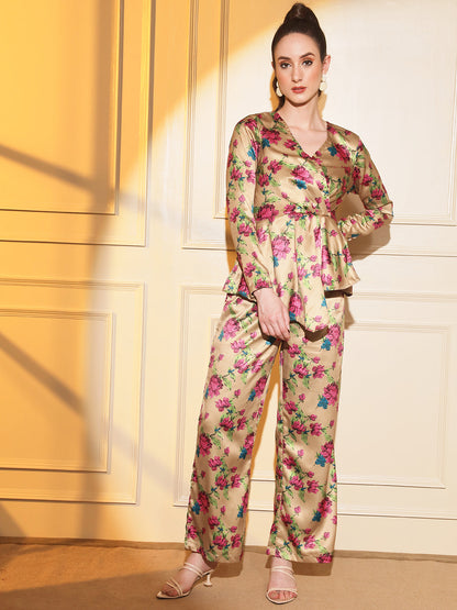 Glam Up Your Style: Gold Floral Satin Coord Set | Hues of India