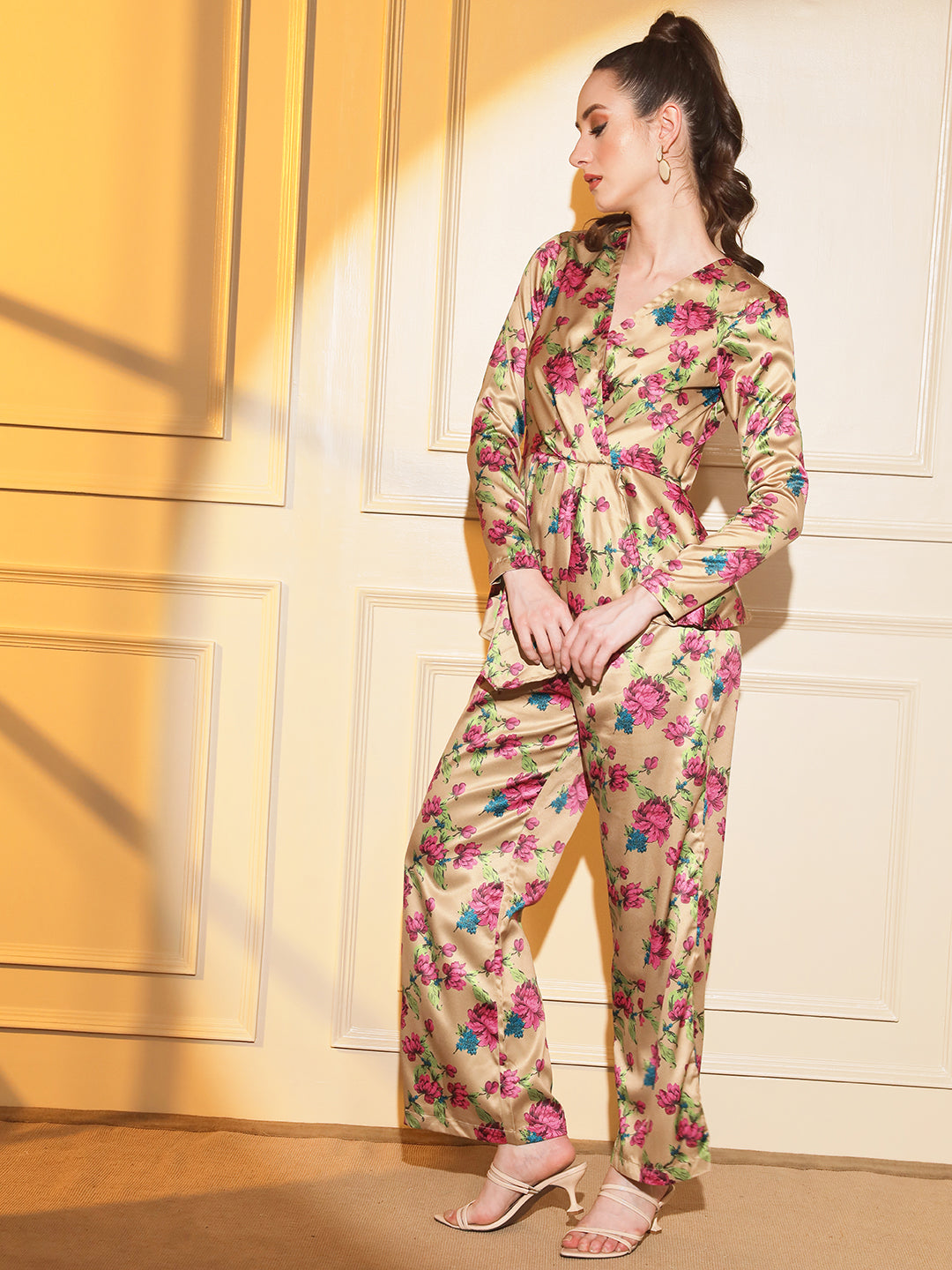 Glam Up Your Style: Gold Floral Satin Coord Set | Hues of India