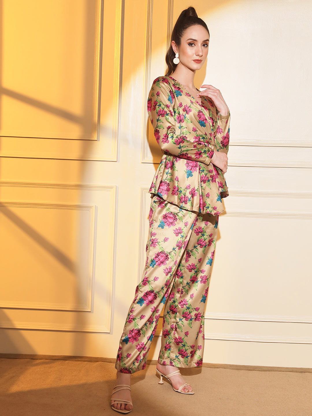 Glam Up Your Style: Gold Floral Satin Coord Set | Hues of India