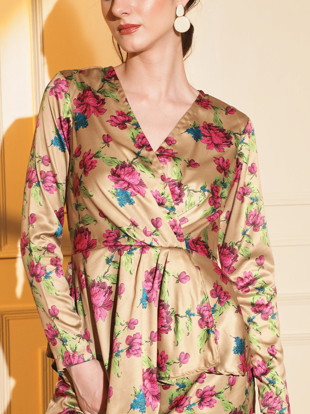 Glam Up Your Style: Gold Floral Satin Coord Set | Hues of India