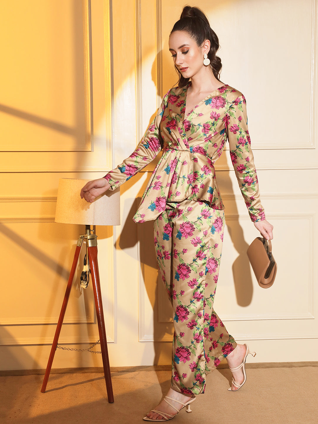 Glam Up Your Style: Gold Floral Satin Coord Set | Hues of India