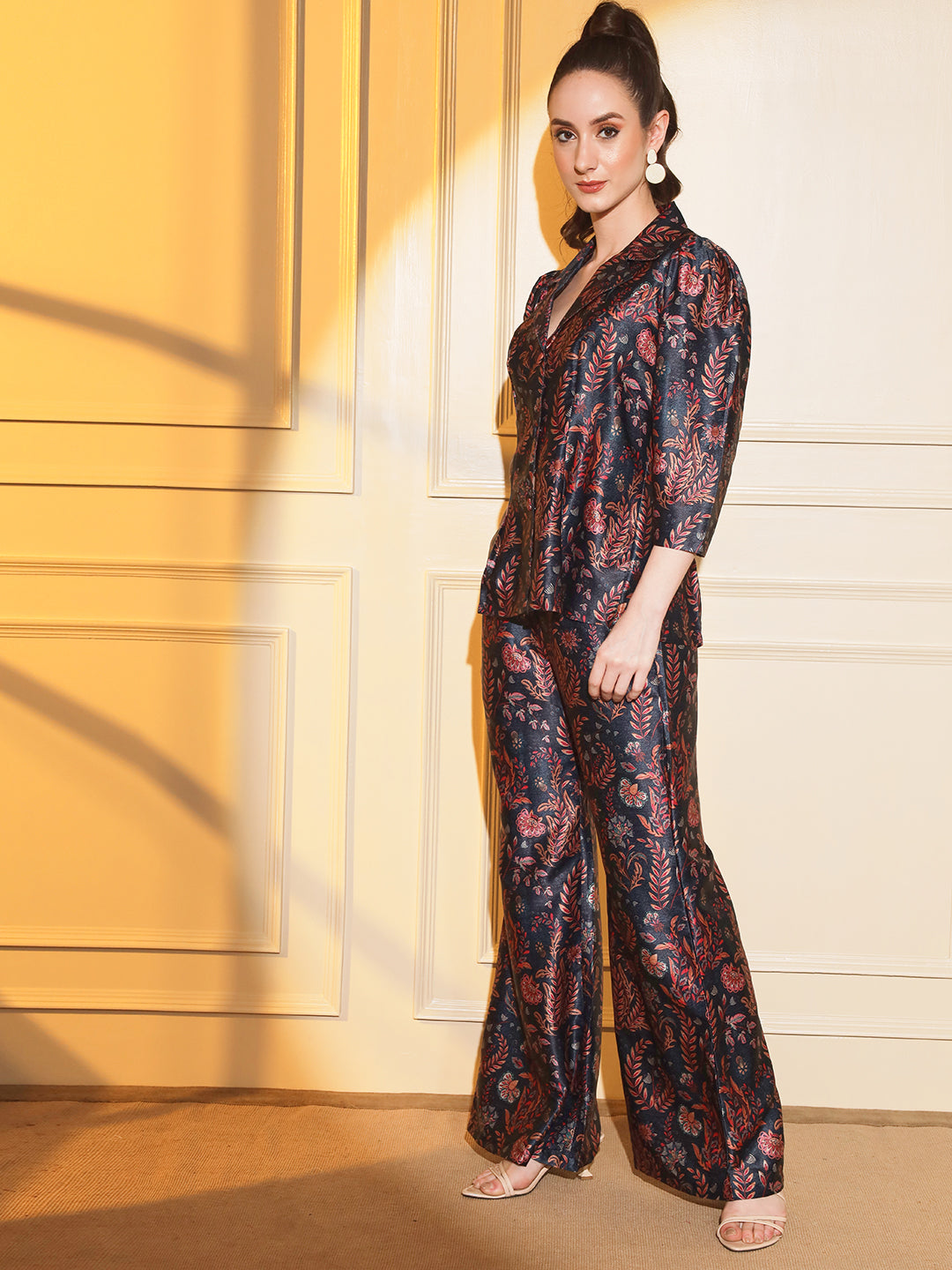 Stylish Navy Satin Printed 2-Piece Coord Set for Women | Hues of India