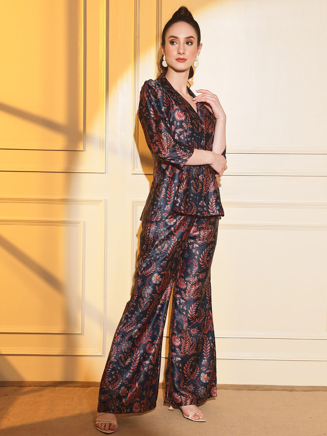 Stylish Navy Satin Printed 2-Piece Coord Set for Women | Hues of India