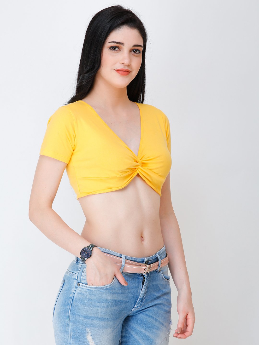SCORPIUS yellow knotted crop top