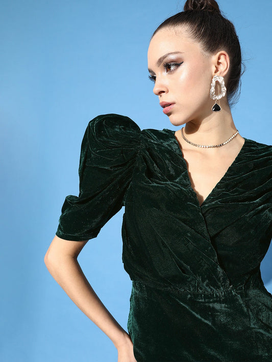 Stylish Velvet Bottle Green Dress