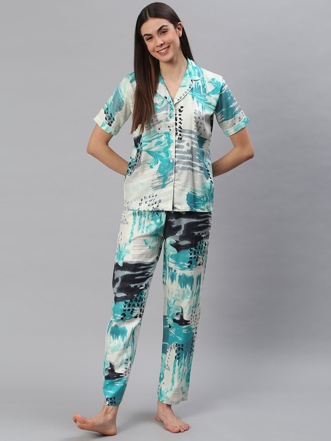 Cation White Blue Printed Night Suit