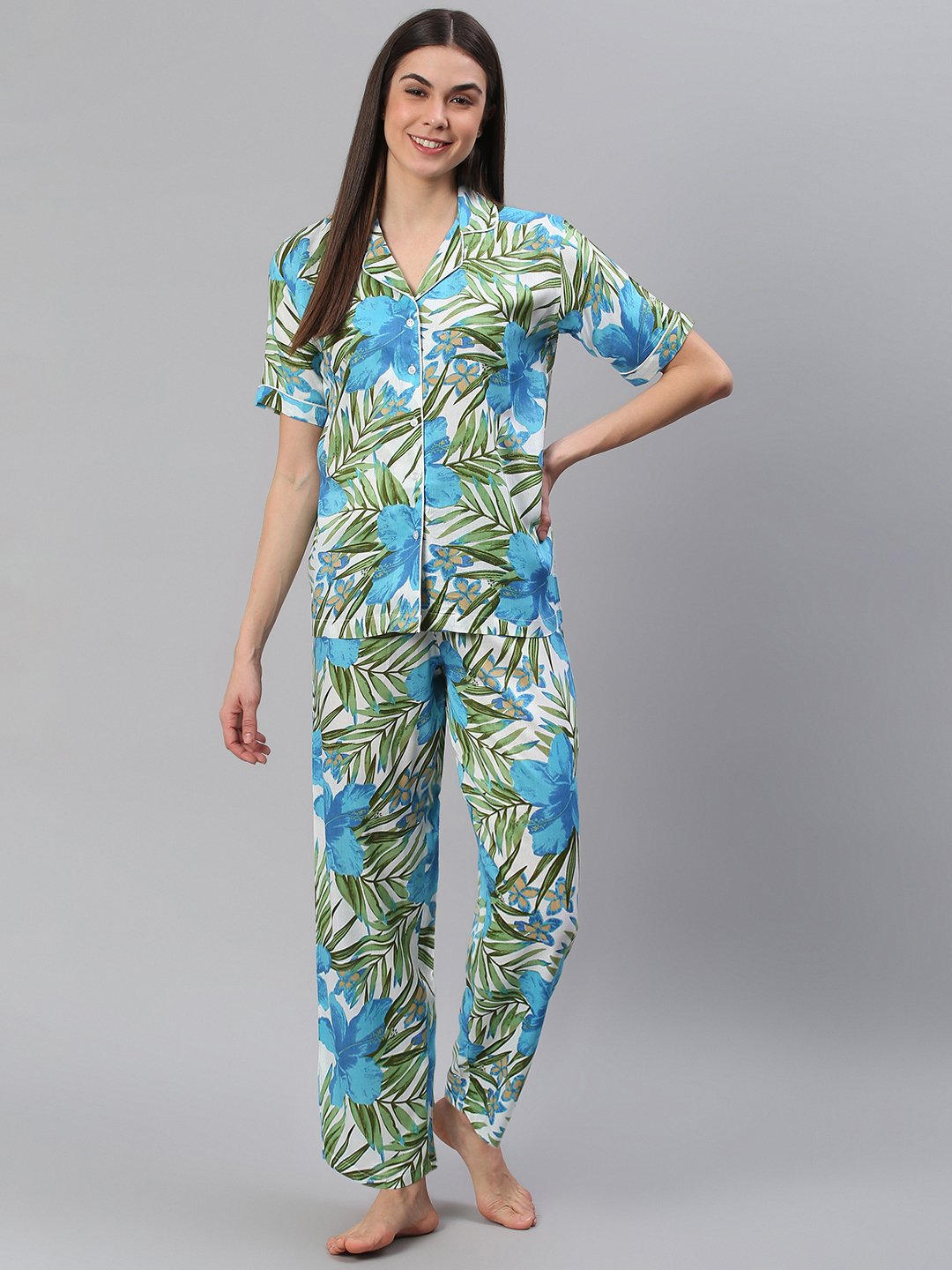 Cation Blue Tropical Print Night Suit