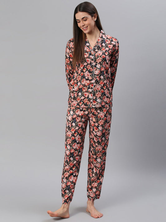 Cation Black Floral Night Suit