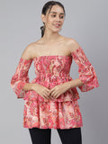 SCORPIUS Pink printed offshoulder frill sleeve top