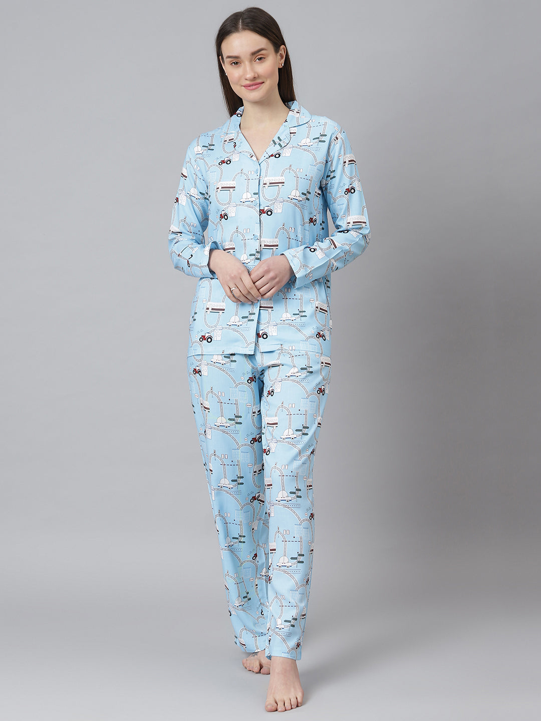 Cation Blue Printed Night Suit