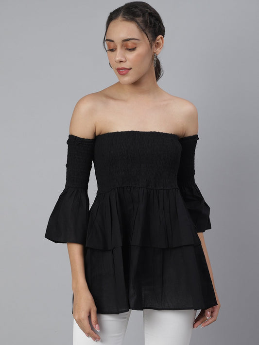 SCORPIUS Black Smocked Offshoulder Top