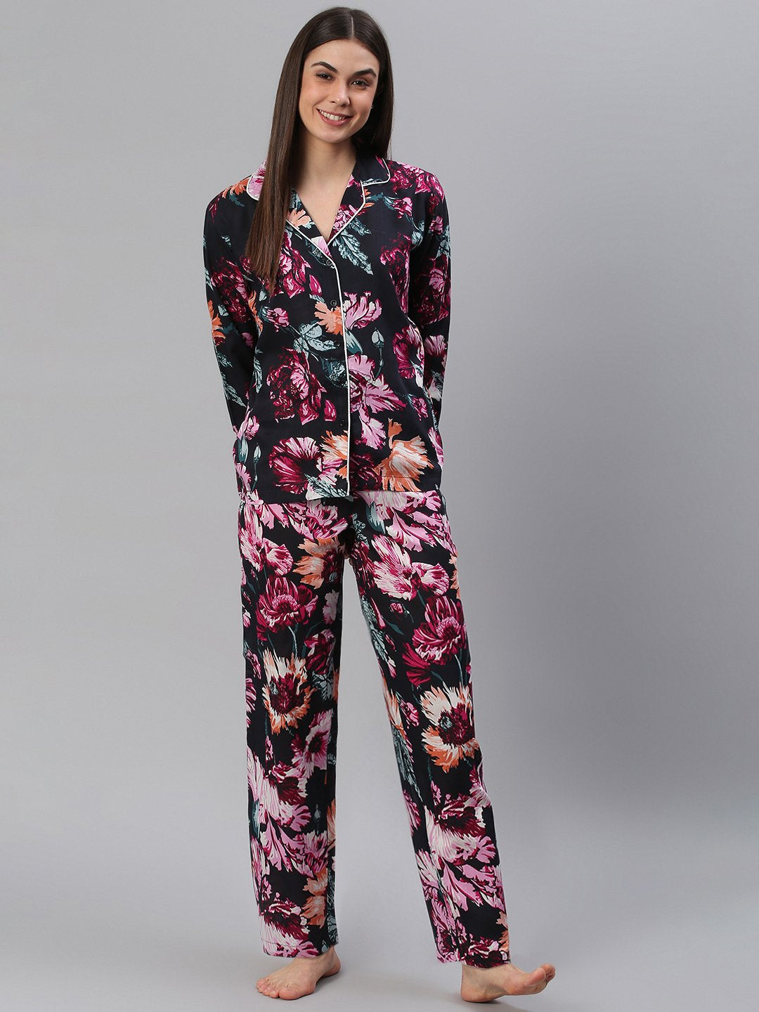 Cation Black Floral Night Suit