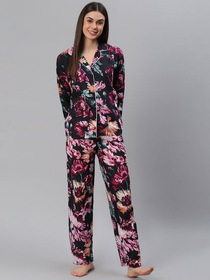 Cation Black Floral Night Suit