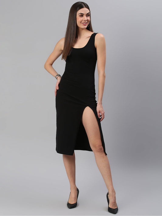 Front Slit Solid Black Dress