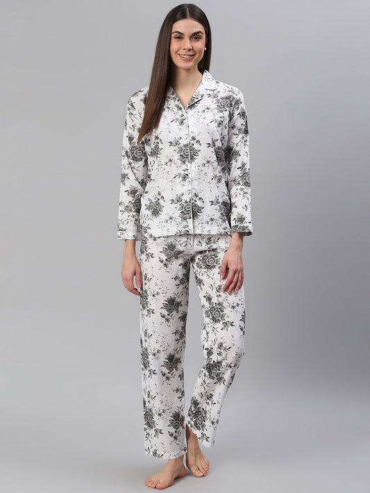 Cation White Floral Night Suit