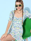 SCORPIUS White-Blue Printed Sweetheart Neck mini Dress