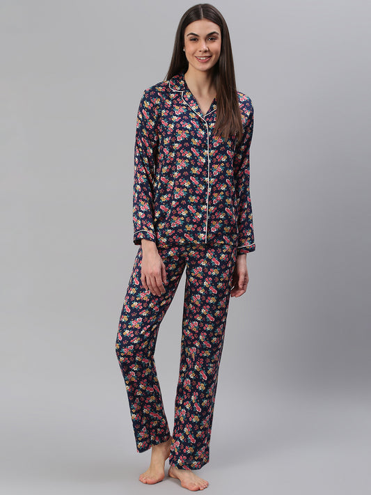 Cation Navy Floral Print Night Suit