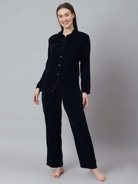 Cation Navy Blue Velvet Night Suit