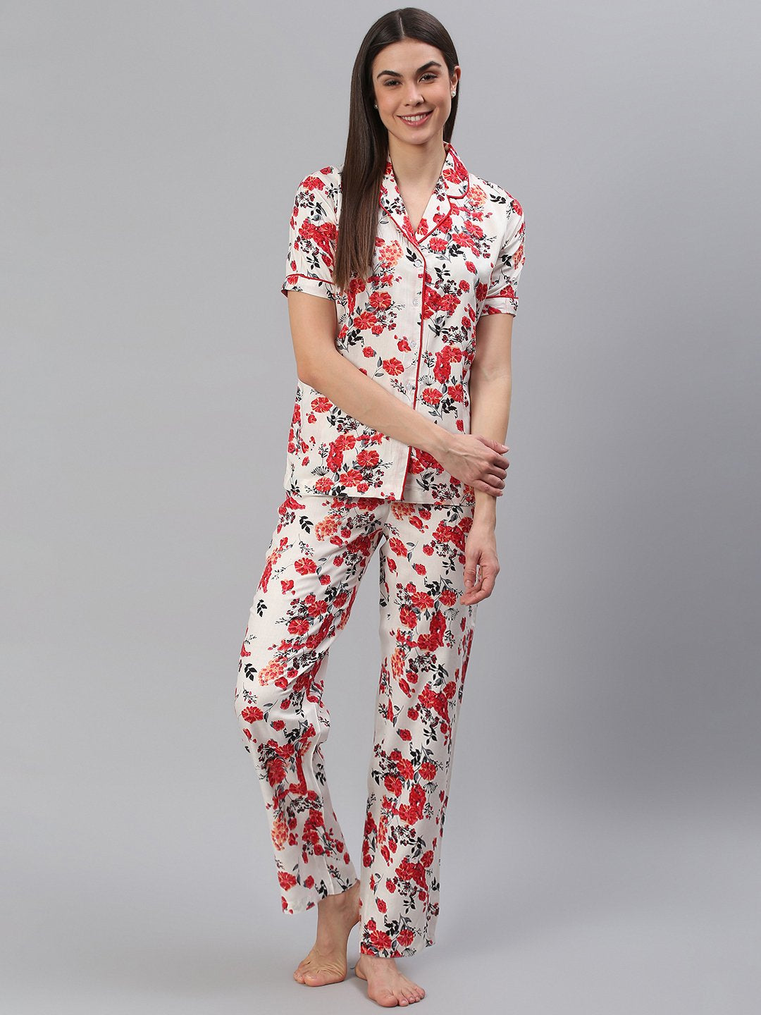 Cation White Floral Night Suit