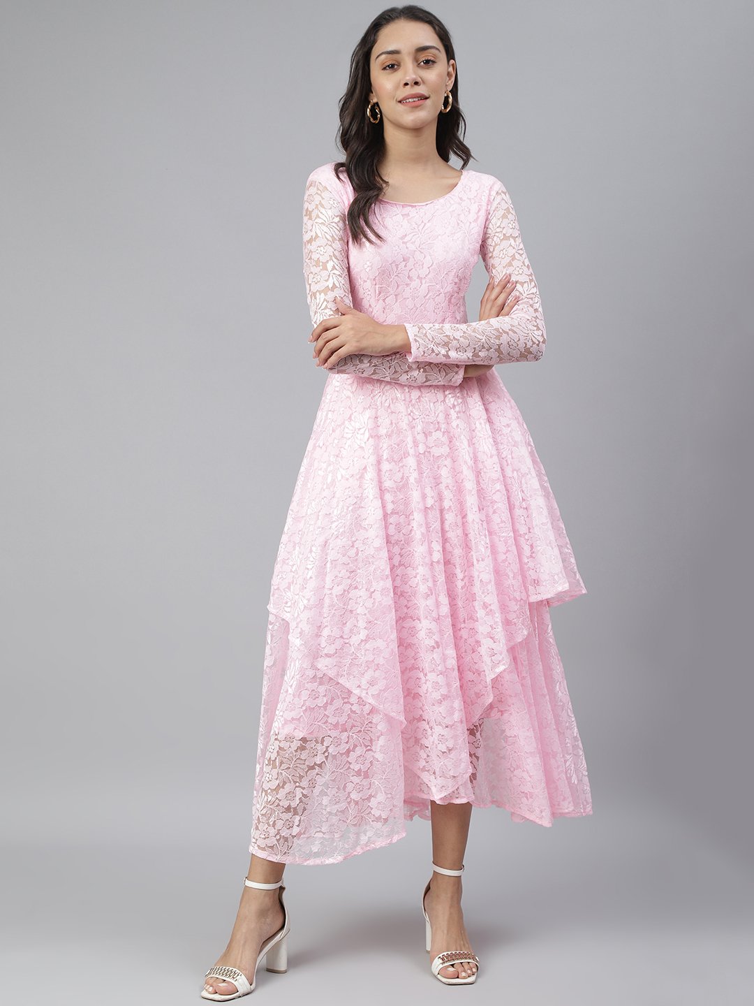 SCORPIUS Pink Flared Printed maxi Dress