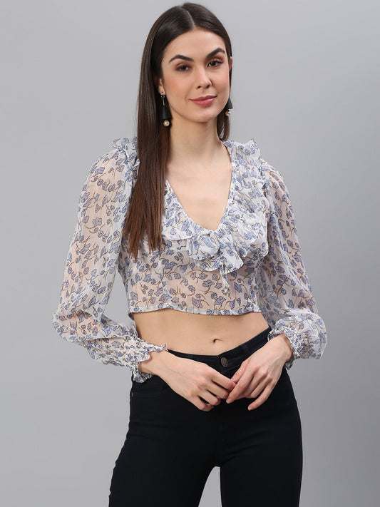 White Blue Printed Top