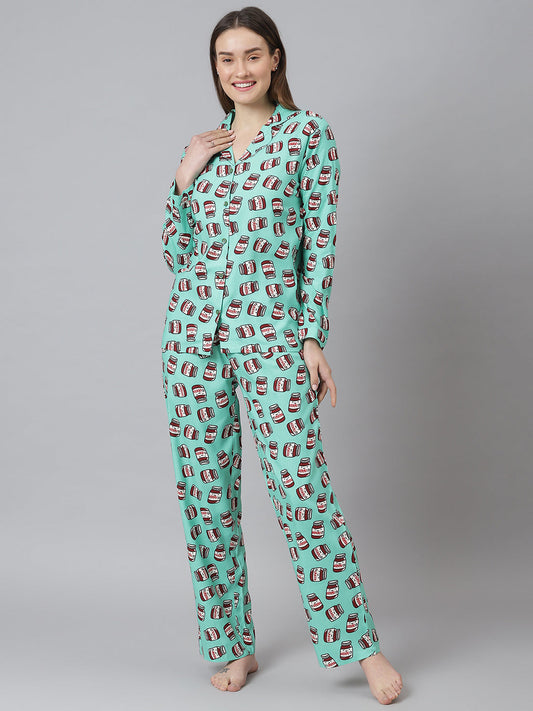 Cation Green Printed Night Suit