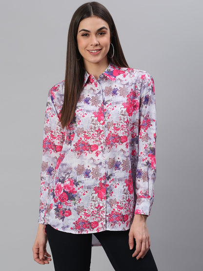 White Pink Floral Print Shirt