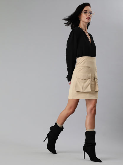 SCORPIUS Overized pockets mini skirt-Beige