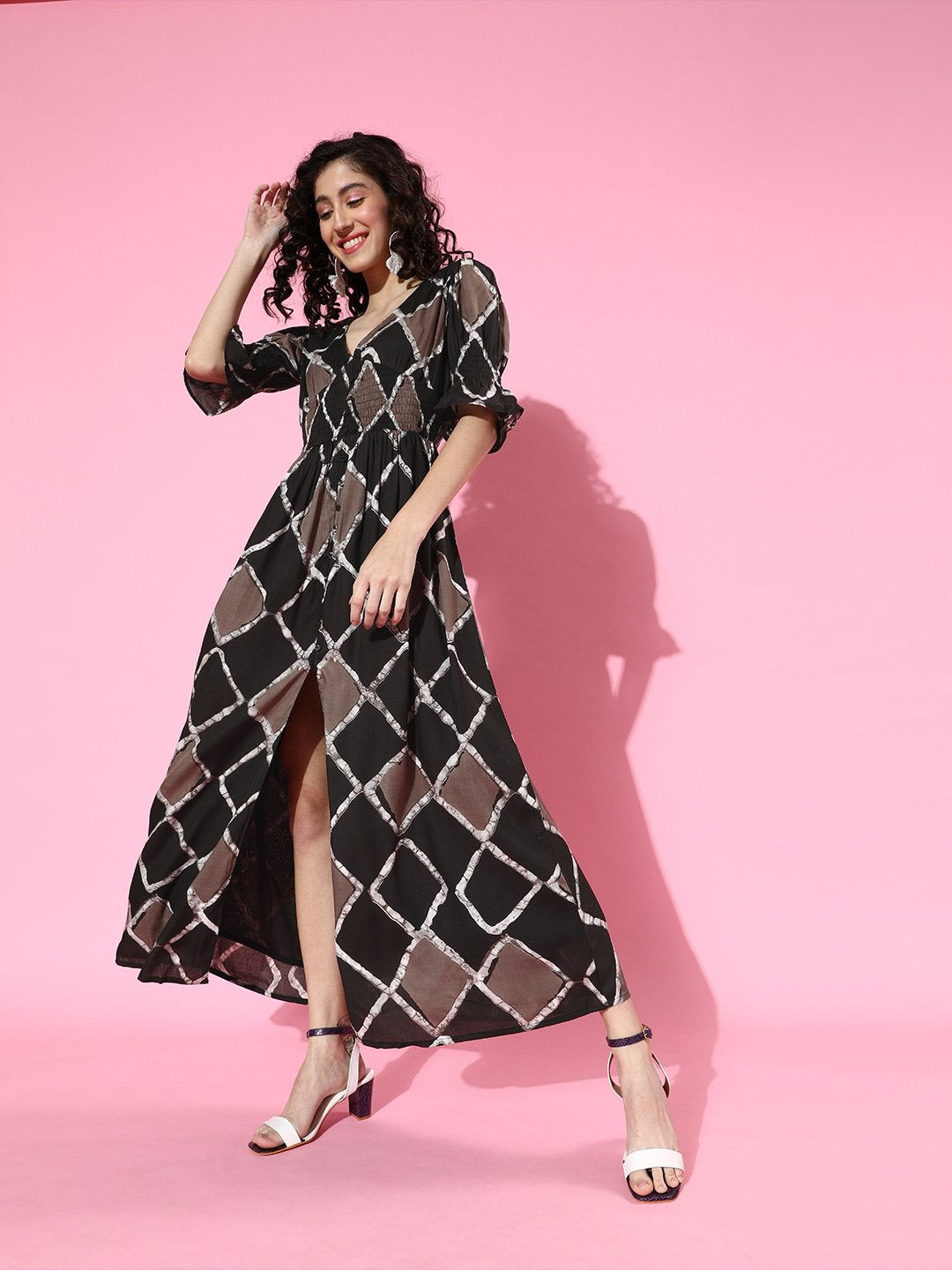 SCORPIUS Brown Printed front slit long Dress