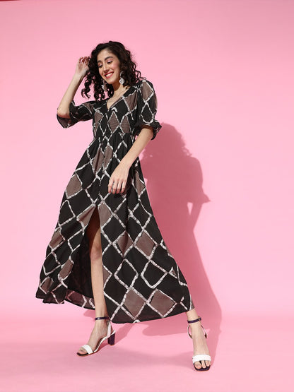 SCORPIUS Brown Printed front slit long Dress