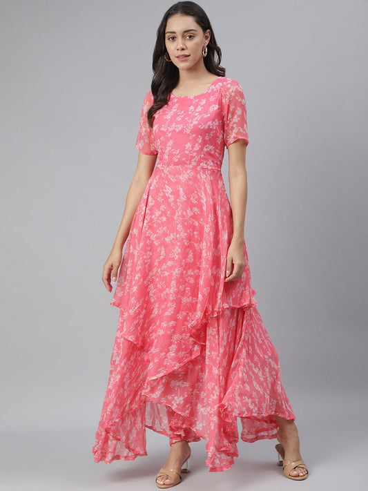 SCORPIUS Pink Flared Printed maxi Dress