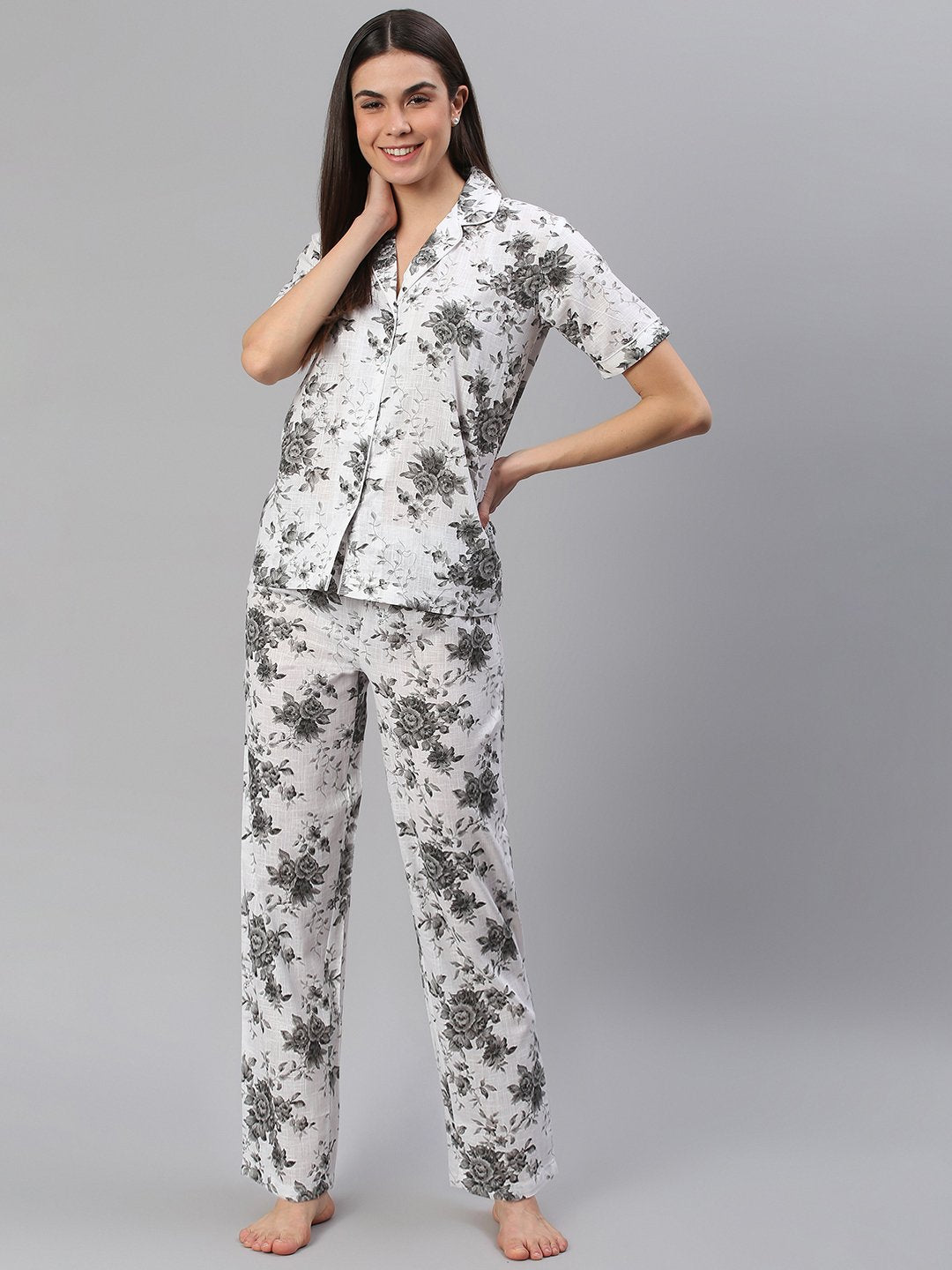 Cation White Floral Night Suit