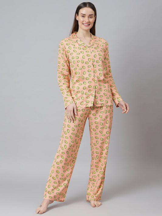 Cation Peach Printed Night Suit