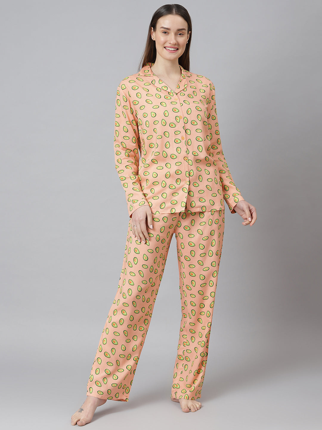 Cation Peach Printed Night Suit