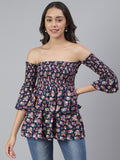 SCORPIUS Purple Printed Smocked Offshoulder Top