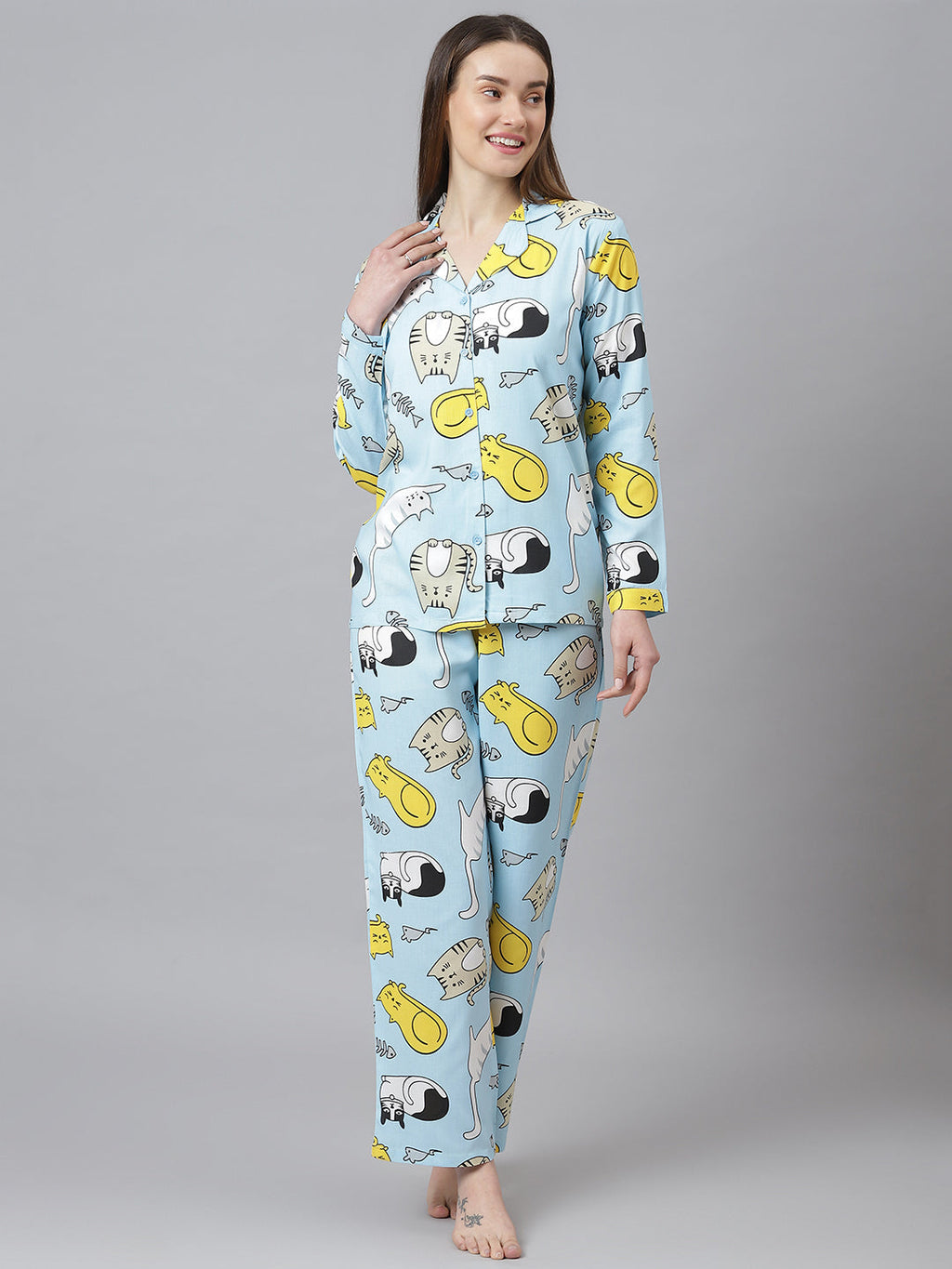 Cation Blue Printed Night Suit