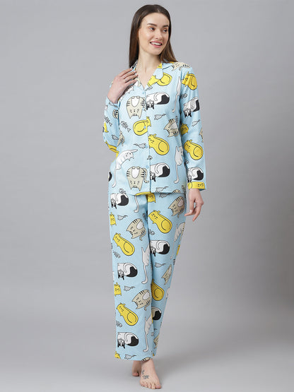 Cation Blue Printed Night Suit