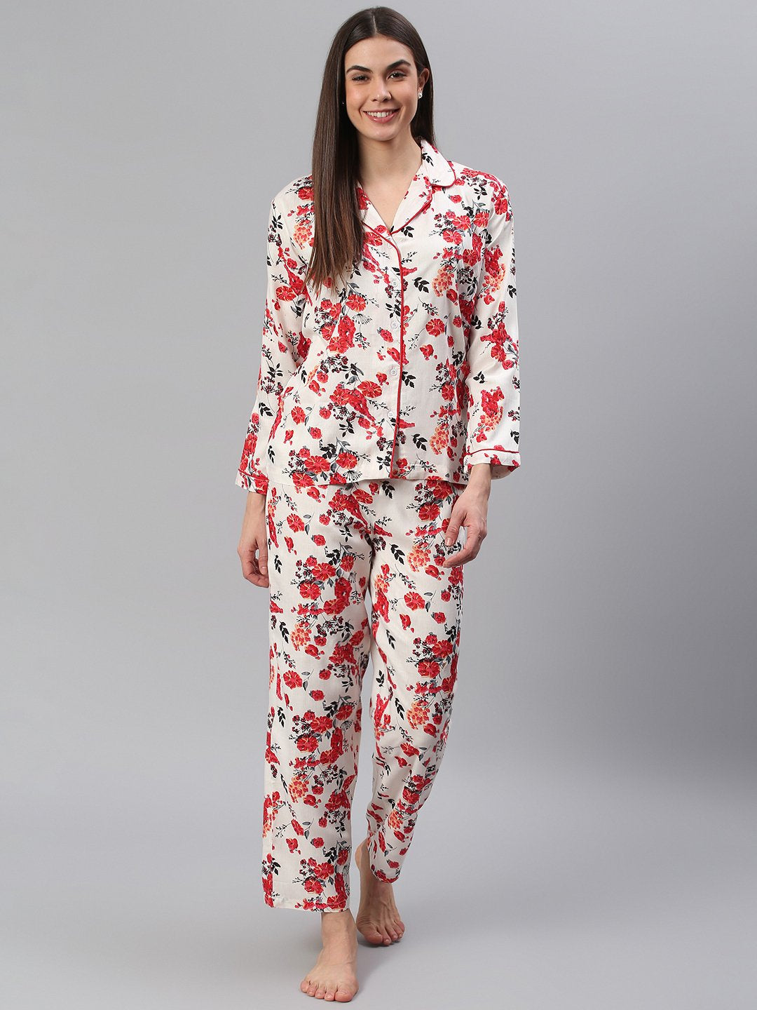 Cation White Floral Night Suit