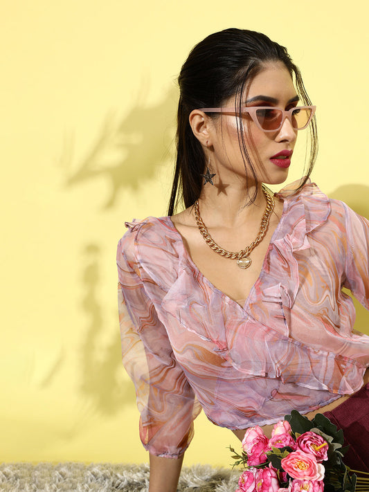 SCORPIUS Pink Printed Organza Top