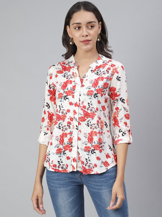 SCORPIUS White & Red Floral Rayon Shirt