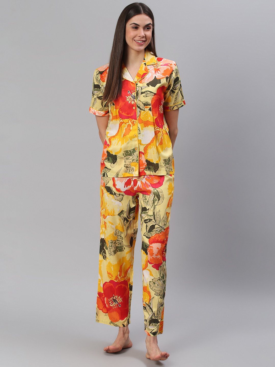 Cation Yellow Floral Night Suit