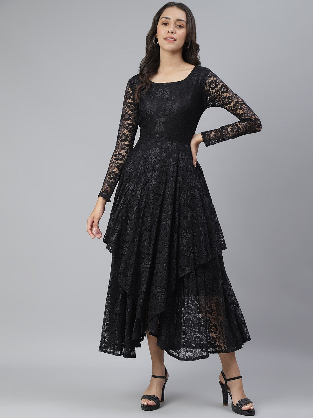 SCORPIUS Black Flared Printed maxi Dress