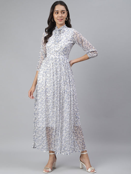 SCORPIUS Floral Tie-Up Neck Chiffon Maxi Dress