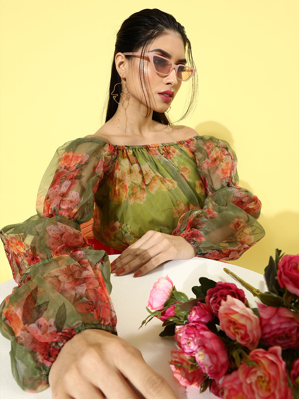 SCORPIUS Olive Floral Organza Top