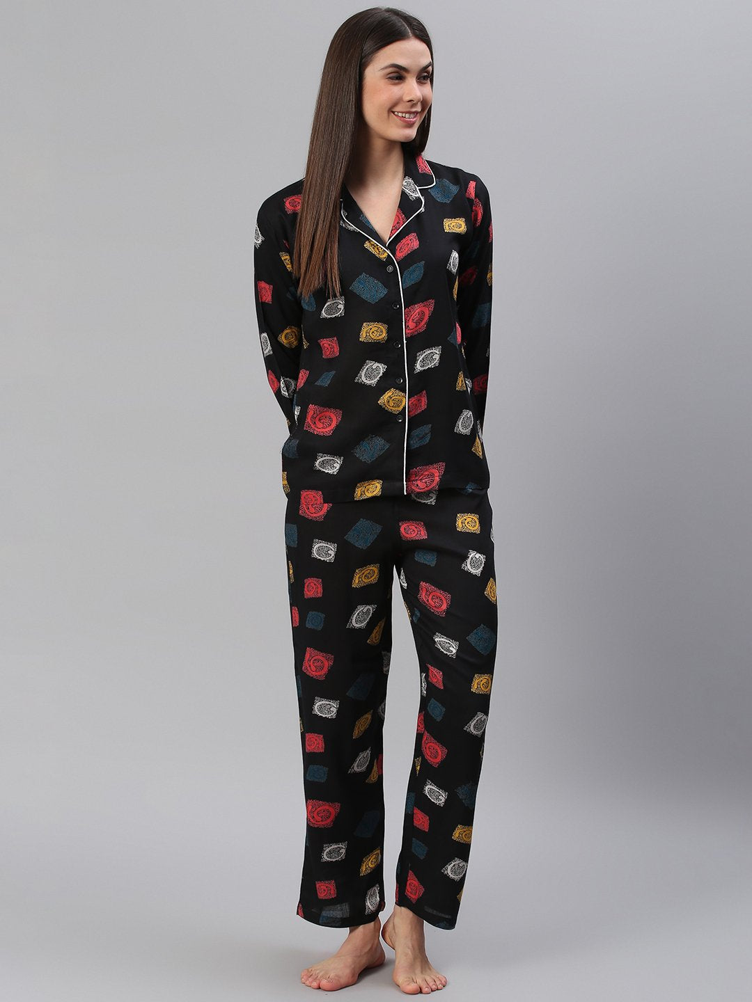 Cation Black Printed Night Suit