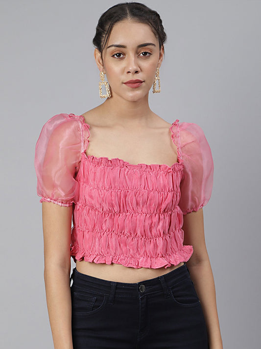 SCORPIUS Pink Organza Ruched Crop top